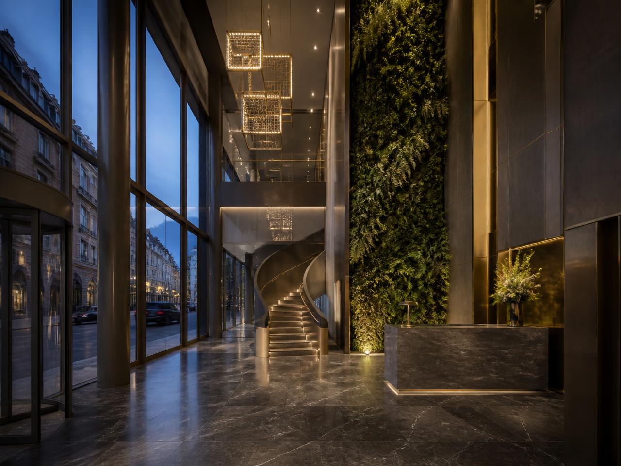 Repositioned commercial building lobby at dusk