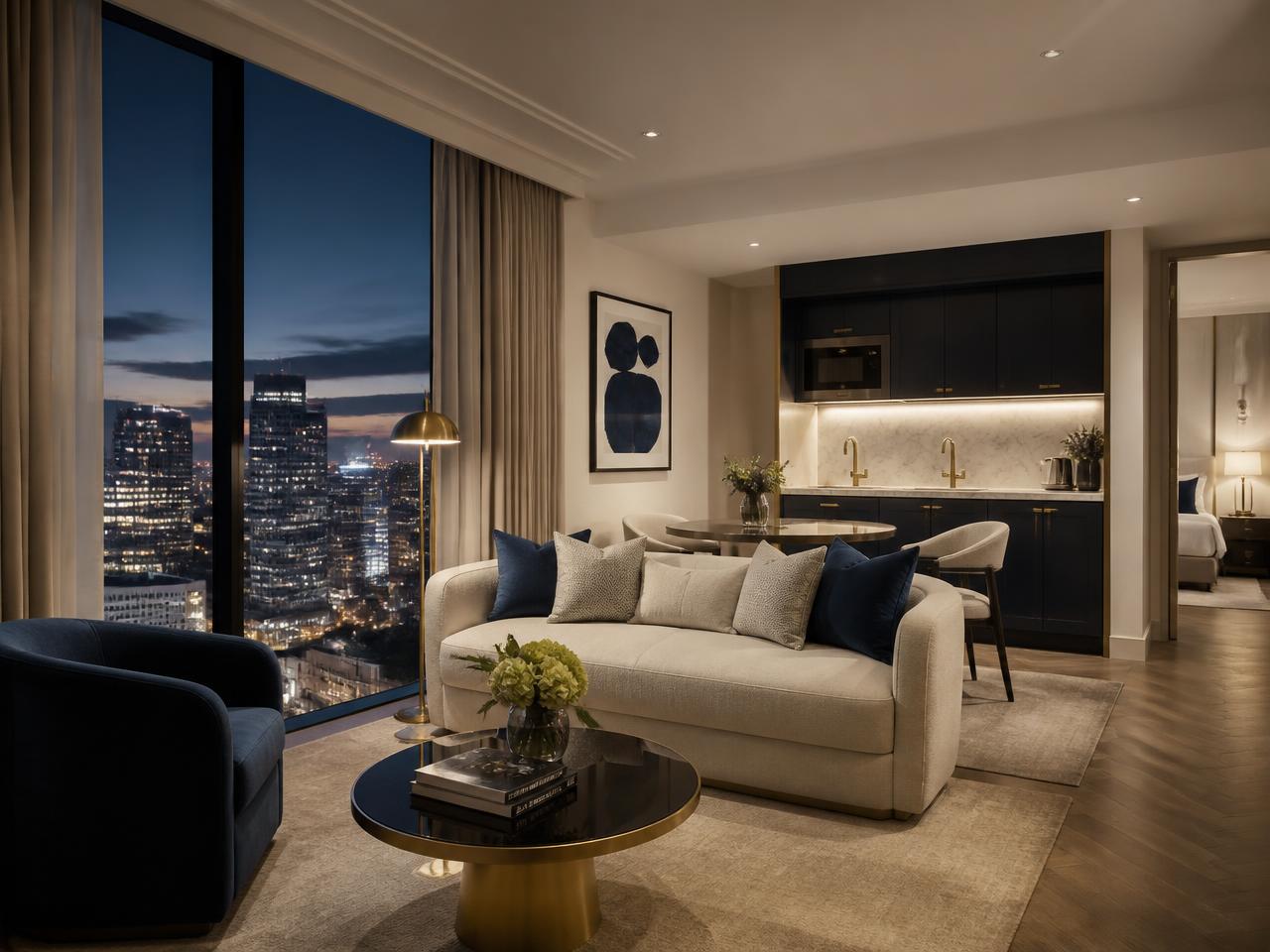 Aparthotel suite with city skyline view