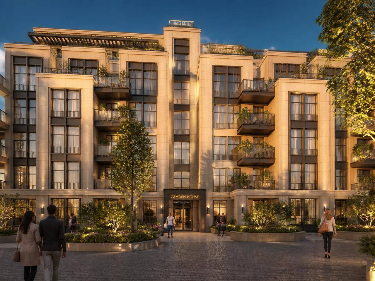 Residential development facade at golden hour